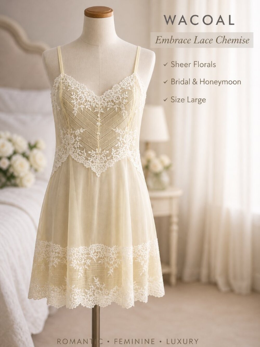 Wacoal Embrace Lace Chemise Floral Large Lingerie Sheer Nightie Yellow Romantic